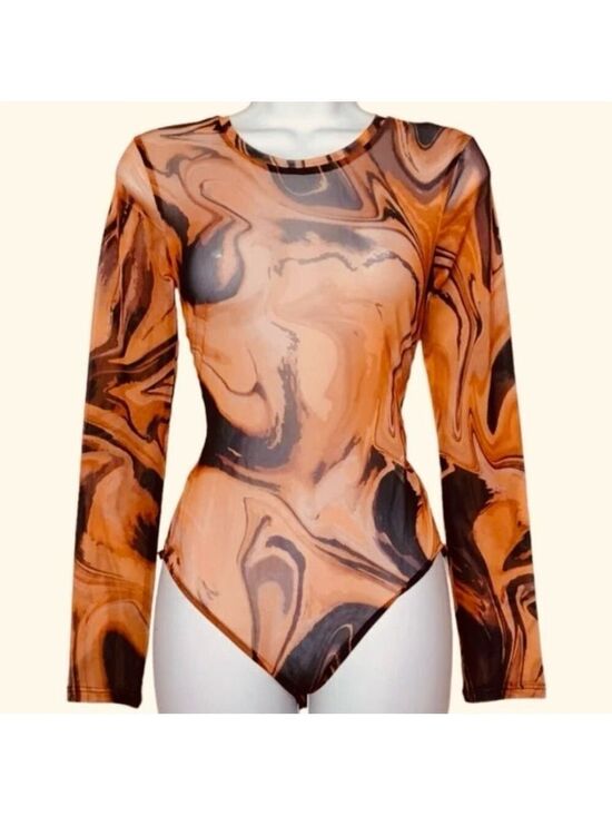 Zara Tops - Zara New Sheer Mesh Fluid Print Bodysuit S Long Sleeve Y2K Indie Sleaze Brown